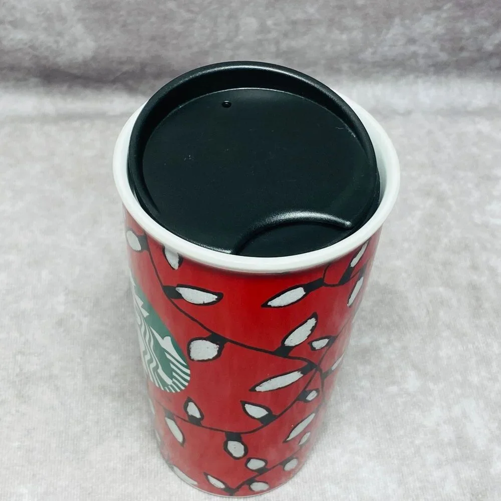 Starbucks 12 fl oz Red Holiday Tumbler Christmas Lights  2016 Green Mermaid Logo